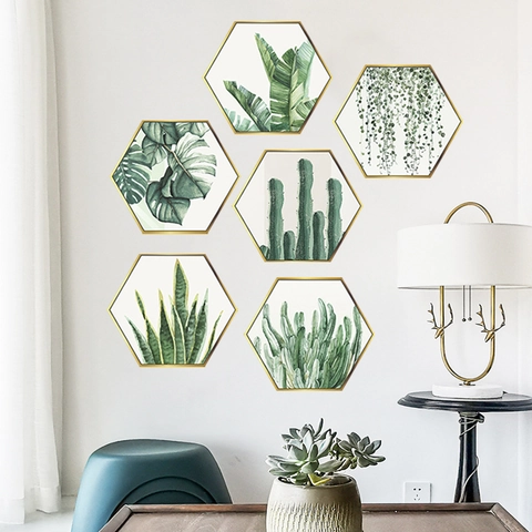 Pegatinas de Pared de Marco de Fotos Hexagonal de Plantas Verdes Tropicales Papel Pintado Decorativo de PVC Nórdico Para Dormitorio