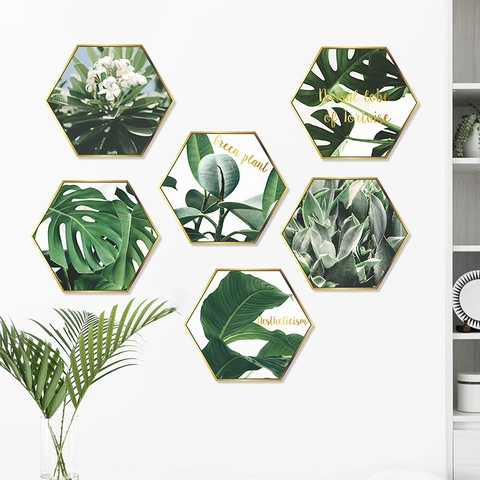Ensemble Stickers Muraux Hexagonaux Plante Verte Nordique Feuille de Monstera Botanique Tropical Cadre Doré Autocollants Muraux PVC Décoratifs