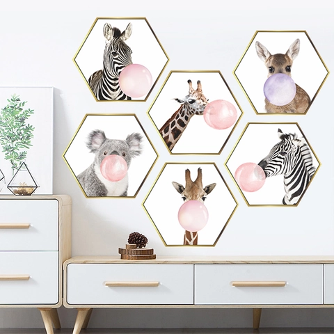 Modern PVC Hexagon Animal Bubble Blowing Wall Stickers For Kids Room Bedroom Zebra Giraffe Koala Deer Home Decor Wall Decals