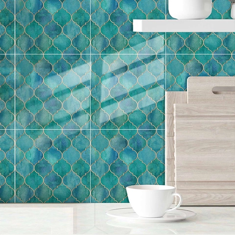 Adesivi Murali per Piastrelle Stile Marocchino Scaglie di Pesce Verde Scuro Bordo Oro Impermeabili Autoadesivi per Cucina