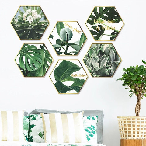 Ensemble Stickers Muraux Hexagonaux Plante Verte Nordique Feuille de Monstera Botanique Tropical Cadre Doré Autocollants Muraux PVC Décoratifs