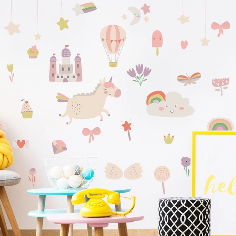 Cartoon Lamm Schloss Wolke Heißluftballon Wandaufkleber PVC Wasserdichtes Wandtattoo Für Kinderzimmer Haus Wanddekoration