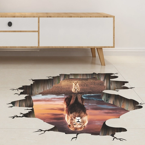 3D Gebroken Muur Leeuw Sticker Creatieve Leeuwenwelp Reflectie Muursticker PVC Zelfklevende Muurschildering Voor Kinderkamer