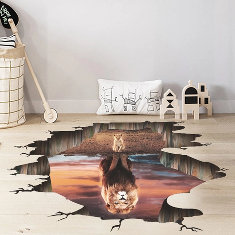 3D Gebroken Muur Leeuw Sticker Creatieve Leeuwenwelp Reflectie Muursticker PVC Zelfklevende Muurschildering Voor Kinderkamer