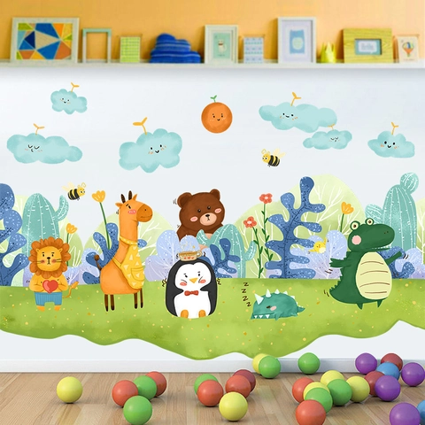 Pegatinas De Pared De Bos Con Animales De Dibujos Animados Para Habitación Infantil PVC Removible DIY León Jirafa Dinosaurio