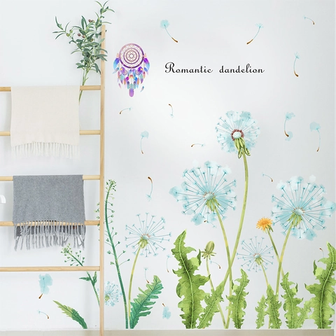 Adhesivos de Pared Románticos Diente de León y Atrapasueños Calcomanías de PVC Estilo Acuarela Para Decoración de Sala y Dormitorio