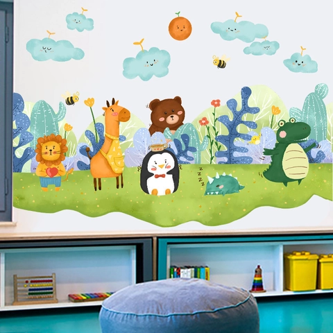Pegatinas De Pared De Bos Con Animales De Dibujos Animados Para Habitación Infantil PVC Removible DIY León Jirafa Dinosaurio
