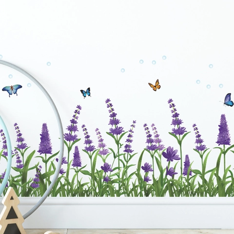 Lavendel Schmetterling Wandaufkleber Abnehmbar PVC Blumen Gras Aufkleber Für Wohnzimmer Schlafzimmer Pastoral Dekor