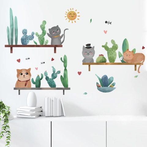 Adesivo da Parete Gatto Cartone Animato E Cactus Pastorale PVC Autoadesivo Decalcomania per Cameretta Soggiorno Camera da Letto