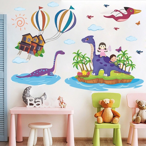 Aquarel Cartoon Dinosauriër Luchtballon Muurstickers PVC Verwijderbare Kinderkamer Muurstickers Voor Kleuterschool Decor