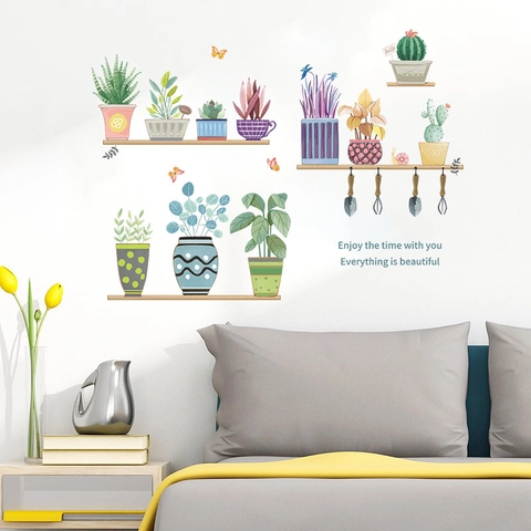 Adesivo Murale Pastorale Piante in Vaso Acquerello Cactus Succulente PVC Impermeabile Rimovibile Murale Decorativo Per Casa
