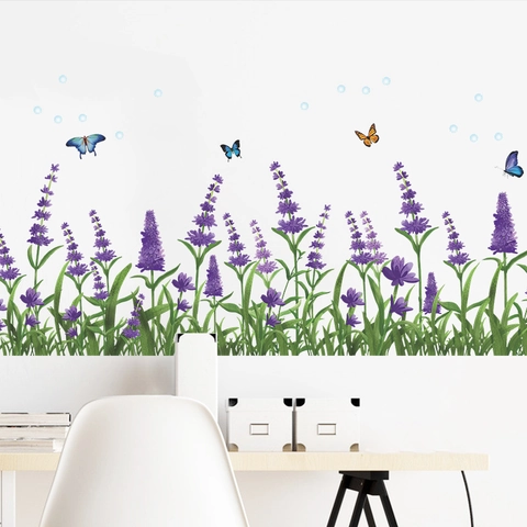 Lavendel Schmetterling Wandaufkleber Abnehmbar PVC Blumen Gras Aufkleber Für Wohnzimmer Schlafzimmer Pastoral Dekor