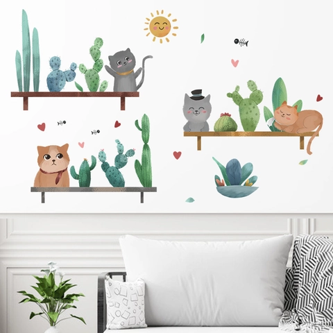 Adesivo da Parete Gatto Cartone Animato E Cactus Pastorale PVC Autoadesivo Decalcomania per Cameretta Soggiorno Camera da Letto