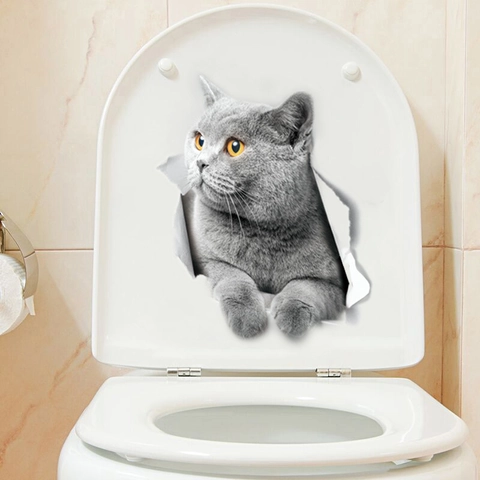3D Cartoon Britisch Kurzhaar Katze Toilettenaufkleber Kreativer Visueller Locheffekt Wasserdichter PVC Wandtattoo Für Badezimmer Deko