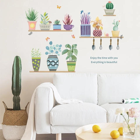 Adesivo Murale Pastorale Piante in Vaso Acquerello Cactus Succulente PVC Impermeabile Rimovibile Murale Decorativo Per Casa