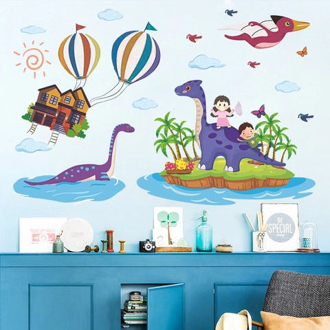 Aquarel Cartoon Dinosauriër Luchtballon Muurstickers PVC Verwijderbare Kinderkamer Muurstickers Voor Kleuterschool Decor