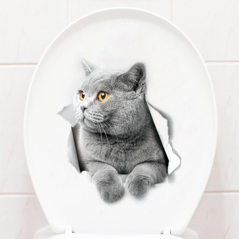 3D Cartoon Britisch Kurzhaar Katze Toilettenaufkleber Kreativer Visueller Locheffekt Wasserdichter PVC Wandtattoo Für Badezimmer Deko