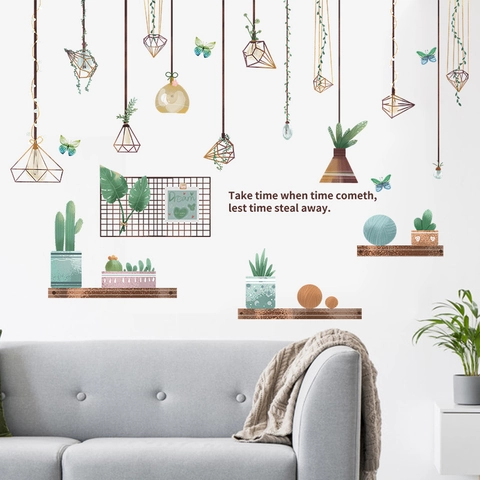 Adesivi Murali Piante Verdi Stile Nordico Cactus Lampada Sospesa PVC Decalcomania Decorativa per Soggiorno Studio Casa