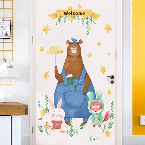 Aquarell Cartoon Tier Wandaufkleber Bär Hase Fuchs Sterne Abnehmbare PVC Aufkleber Für Kinderzimmer Kindergarten Heimdeko
