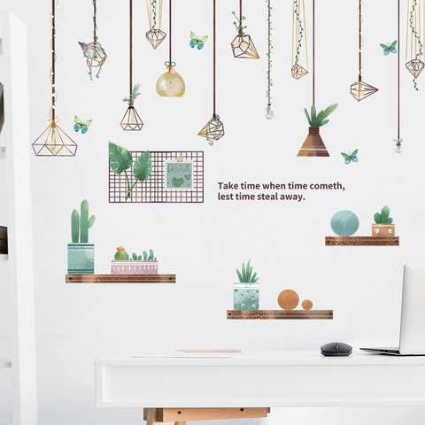 Adesivi Murali Piante Verdi Stile Nordico Cactus Lampada Sospesa PVC Decalcomania Decorativa per Soggiorno Studio Casa