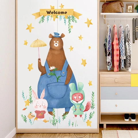 Aquarell Cartoon Tier Wandaufkleber Bär Hase Fuchs Sterne Abnehmbare PVC Aufkleber Für Kinderzimmer Kindergarten Heimdeko