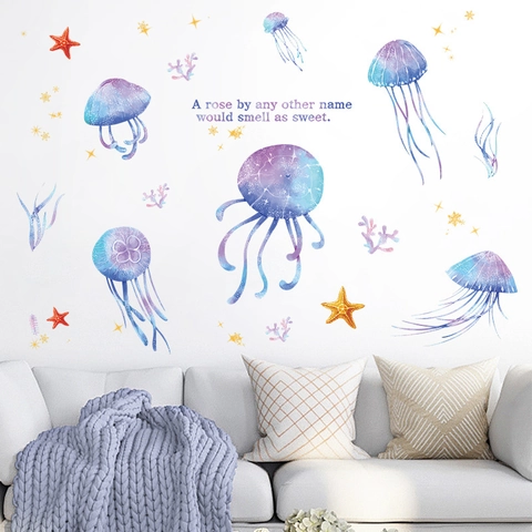 Watercolor Jellyfish Starfish Wall Stickers Marine Life PVC Waterproof Decals For Kids Room Bathroom Cabinet Decoration