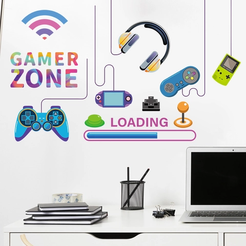 Gaming Room Wall Stickers For Boys Bedroom Decor PVC Removable Gamer Zone Loading Pattern Controller Headset Mural Decals