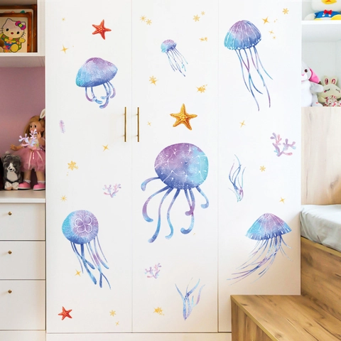 Watercolor Jellyfish Starfish Wall Stickers Marine Life PVC Waterproof Decals For Kids Room Bathroom Cabinet Decoration