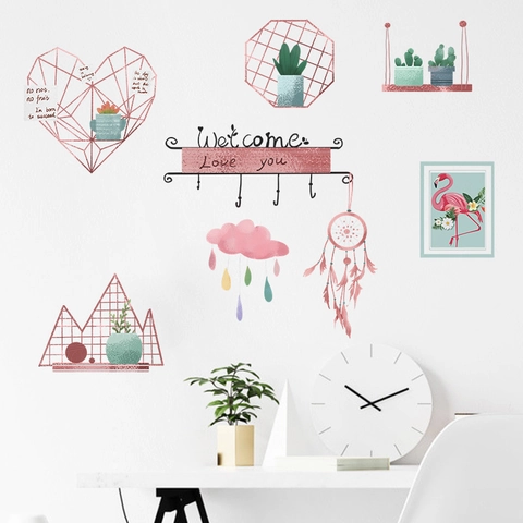 Nordic Ins Pink Flamingo Dreamcatcher Wall Stickers PVC Geometric Potted Plant DIY Home Decor For Living Room Bedroom