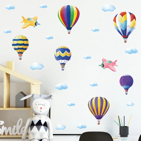 Vinilo de Pared Globo Aerostático Avión Nube Dibujos Animados Calcomanía PVC Removible para Habitación Niños Guardería