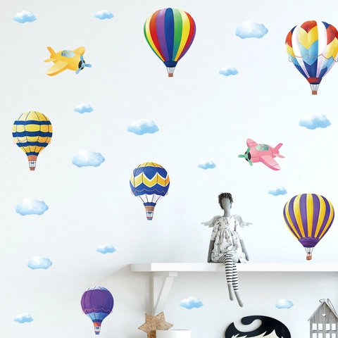 Vinilo de Pared Globo Aerostático Avión Nube Dibujos Animados Calcomanía PVC Removible para Habitación Niños Guardería