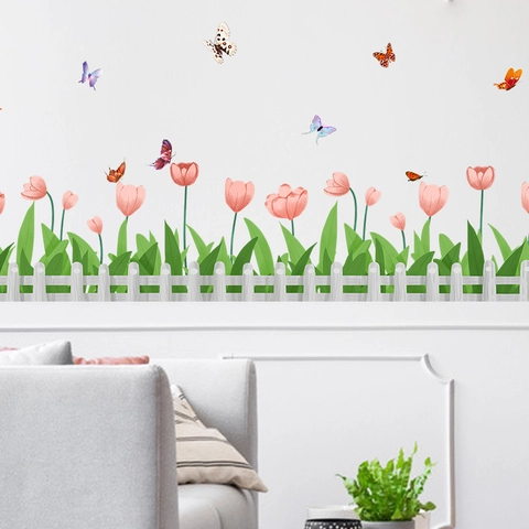 Rosa Tulpe Garten Zaun Wandaufkleber Abnehmbare PVC Schmetterling Floral Wandbild Für Wohnzimmer Schlafzimmer Home Decor