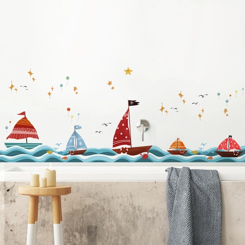 Cartoon Nautische Segelboot Meereswellen Wandaufkleber Wasserdicht PVC Abnehmbare Aufkleber Für Kinderzimmer Kindergarten Badezimmer Dekoration