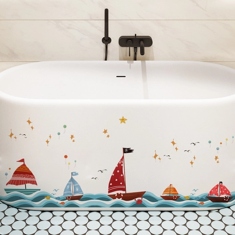 Cartoon Nautische Segelboot Meereswellen Wandaufkleber Wasserdicht PVC Abnehmbare Aufkleber Für Kinderzimmer Kindergarten Badezimmer Dekoration