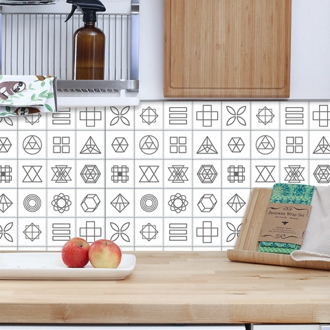 Waterproof PVC Geometric Tile Stickers White Black Pattern Self Adhesive Wall Decals Kitchen Bathroom Renovation Decor