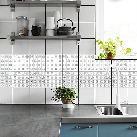 Waterproof PVC Geometric Tile Stickers White Black Pattern Self Adhesive Wall Decals Kitchen Bathroom Renovation Decor