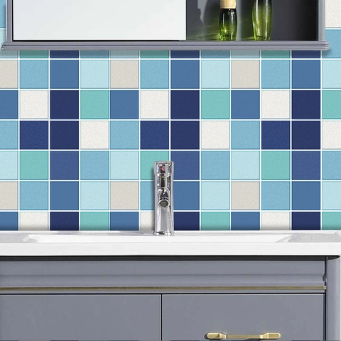 Adesivi per Piastrelle Mosaico Autoadesivi Impermeabile PVC Blu Griglia Decalcomanie da Muro per Cucina Bagno Casa Rinnovo