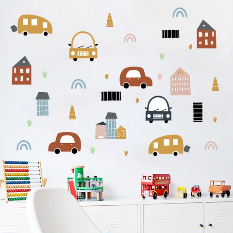 Cartoon Car And House Wall Stickers For Kids Room PVC DIY Morandi Color Nordic Style Nursery Decorative Wall Decals