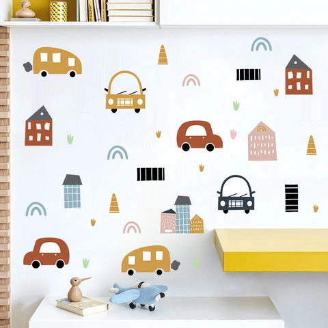 Cartoon Car And House Wall Stickers For Kids Room PVC DIY Morandi Color Nordic Style Nursery Decorative Wall Decals