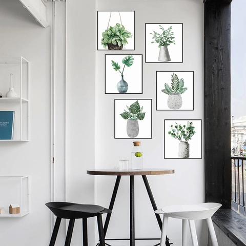 Vinilos Decorativos de Plantas Verdes en Maceta PVC Impermeable Moderno Minimalista Hojas Mural para Sala de Estar Dormitorio Decoración