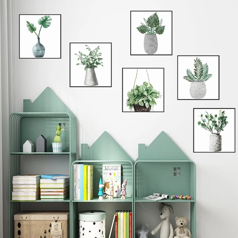 Vinilos Decorativos de Plantas Verdes en Maceta PVC Impermeable Moderno Minimalista Hojas Mural para Sala de Estar Dormitorio Decoración