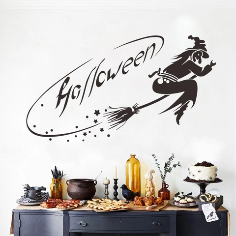 Halloween Heks Silhouet Muursticker PVC Verwijderbare Heks Op Bezem Sterren Decal Voor Woonkamer Slaapkamer Feest Decor