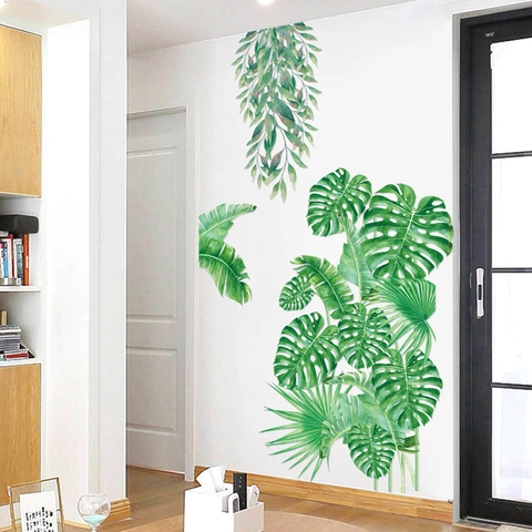Vinilos de Pared de Plantas Verdes Tropicales en Acuarela PVC Autoadhesivo Hojas de Palma Monstera para Decoración del Hogar