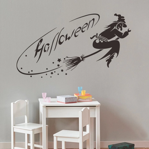 Halloween Heks Silhouet Muursticker PVC Verwijderbare Heks Op Bezem Sterren Decal Voor Woonkamer Slaapkamer Feest Decor