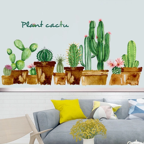 Sticker Mural Plante en Pot Cactus Aquarelle PVC Amovible Décalcomanie Succulente Verte pour Salon Chambre à Coucher Cuisine Maison