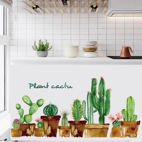 Sticker Mural Plante en Pot Cactus Aquarelle PVC Amovible Décalcomanie Succulente Verte pour Salon Chambre à Coucher Cuisine Maison