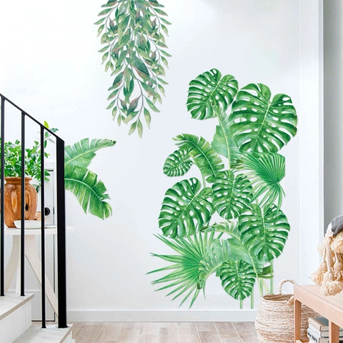 Vinilos de Pared de Plantas Verdes Tropicales en Acuarela PVC Autoadhesivo Hojas de Palma Monstera para Decoración del Hogar