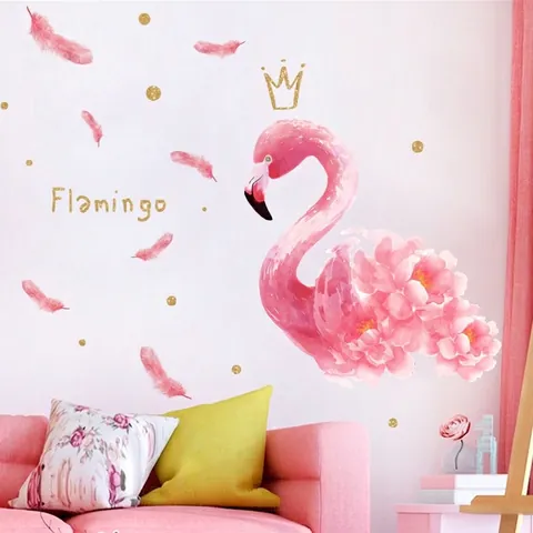 Adesivi Murali Fenicottero Acquerello per Decorazione Cameretta Ragazze Motivo Floreale Rosa Corona Decalcomanie in PVC
