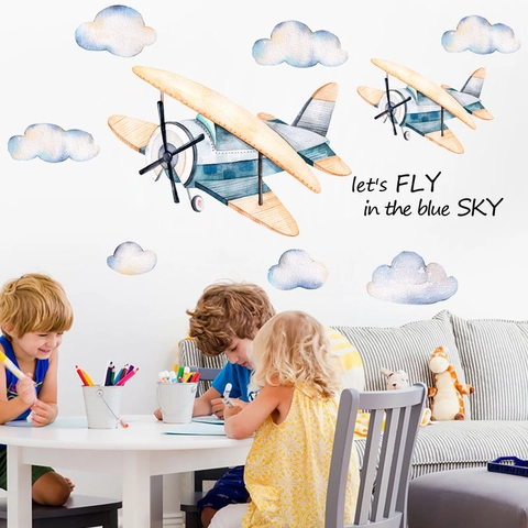 Pegatinas De Pared De Avión En Acuarela Para Habitación Niños Calcomanía De Avión Nube PVC Decoración De Dormitorio
