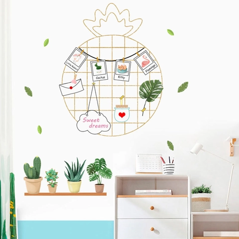 Adesivo da Parete Creativo Griglia Ananas Dorato PVC Impermeabile Cartone Animato Animale Pianta Per Decorazione Camera da Letto